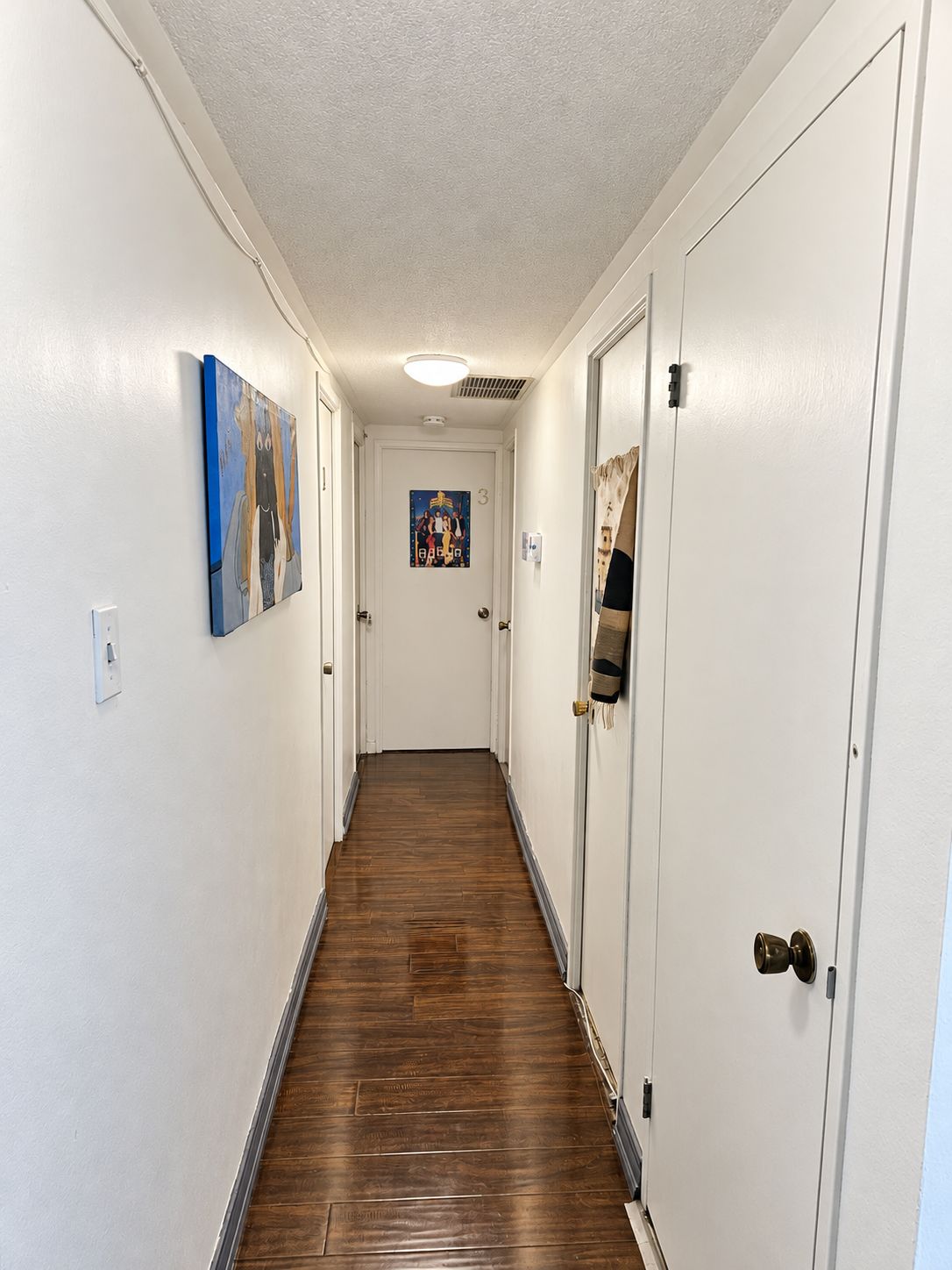 A hallway with wooden flooring, white walls, and doors on both sides.