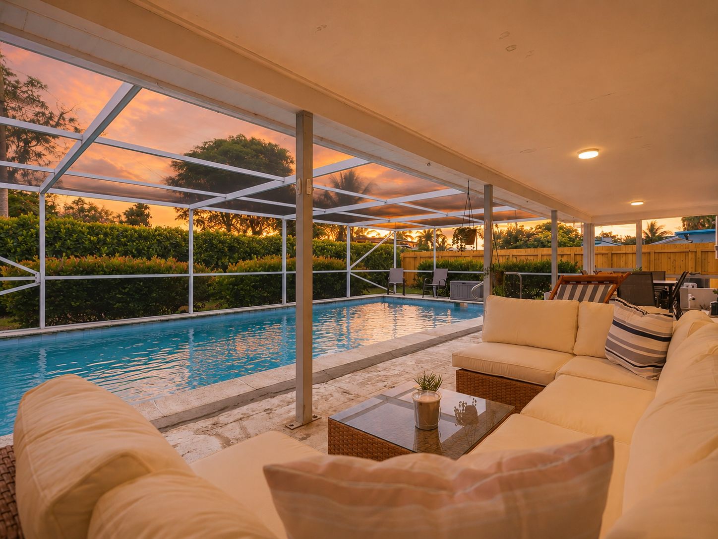 An indoor swimming pool with a glass ceiling, surrounded by a lounge area with sofas and a table.