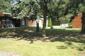 A residential property with a grassy yard, a wooden cabin, and a small building with a porch. - Langenthal Forestry Lodge - House I (Braunsroda)