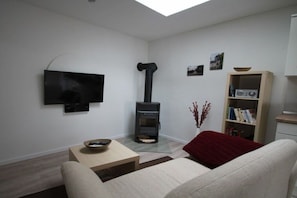 A living room with a flat-screen TV, a black wood-burning stove, a bookshelf, and a red throw blanket on a sofa. - Holiday apartment with 1 bedroom (Lohmen)