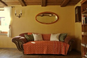 Ein Zimmer mit Holzboden, einer Couch mit gemustertem Bezug, einem Wandspiegel und einem Bücherregal.