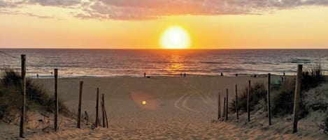 Une plage avec une clôture au premier plan et le soleil se couchant sur l’océan.
