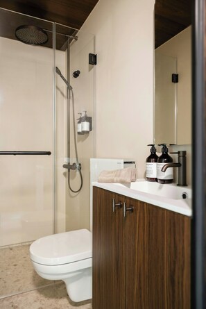 A modern bathroom with a glass-enclosed shower, a white toilet, and wooden cabinetry. - Architect-designed cabin by Hjørundfjorden (Møre og Romsdal)