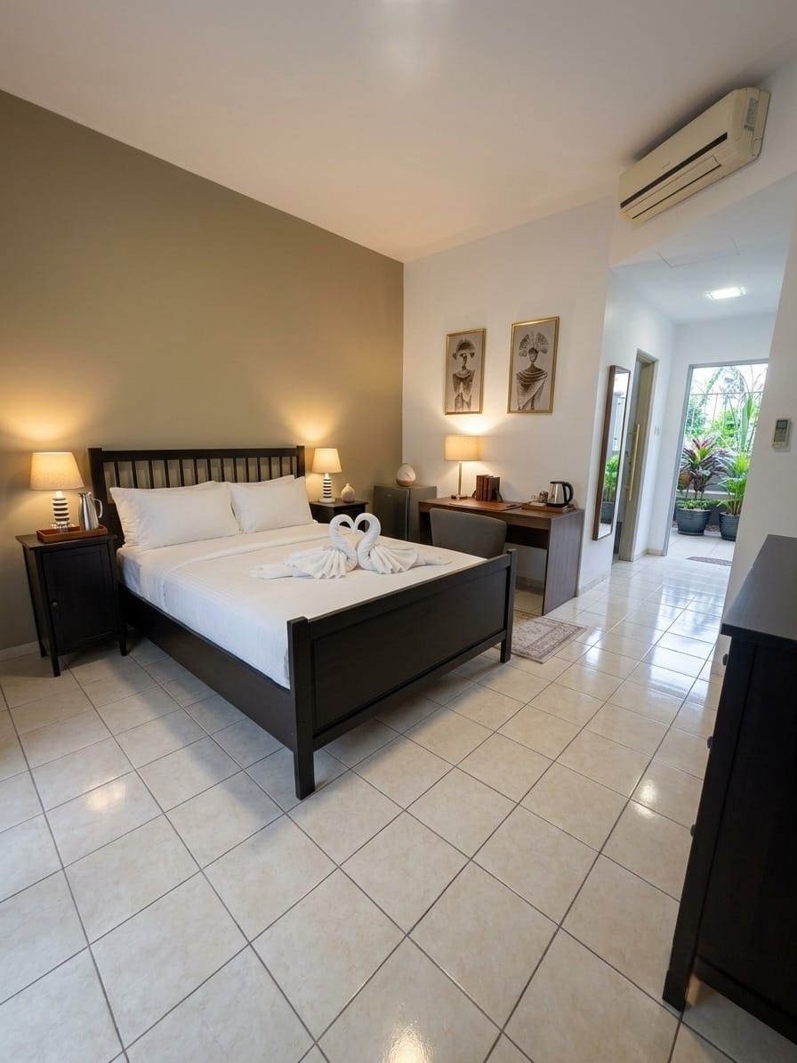 A hotel room with a bed, bedside tables, a desk, and a view of the outdoors.