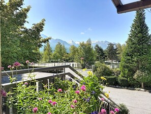 Ein Garten mit einer Holzbrücke, umgeben von verschiedenen Pflanzen und Blumen, der zu einer Aussicht auf schneebedeckte Berge führt.