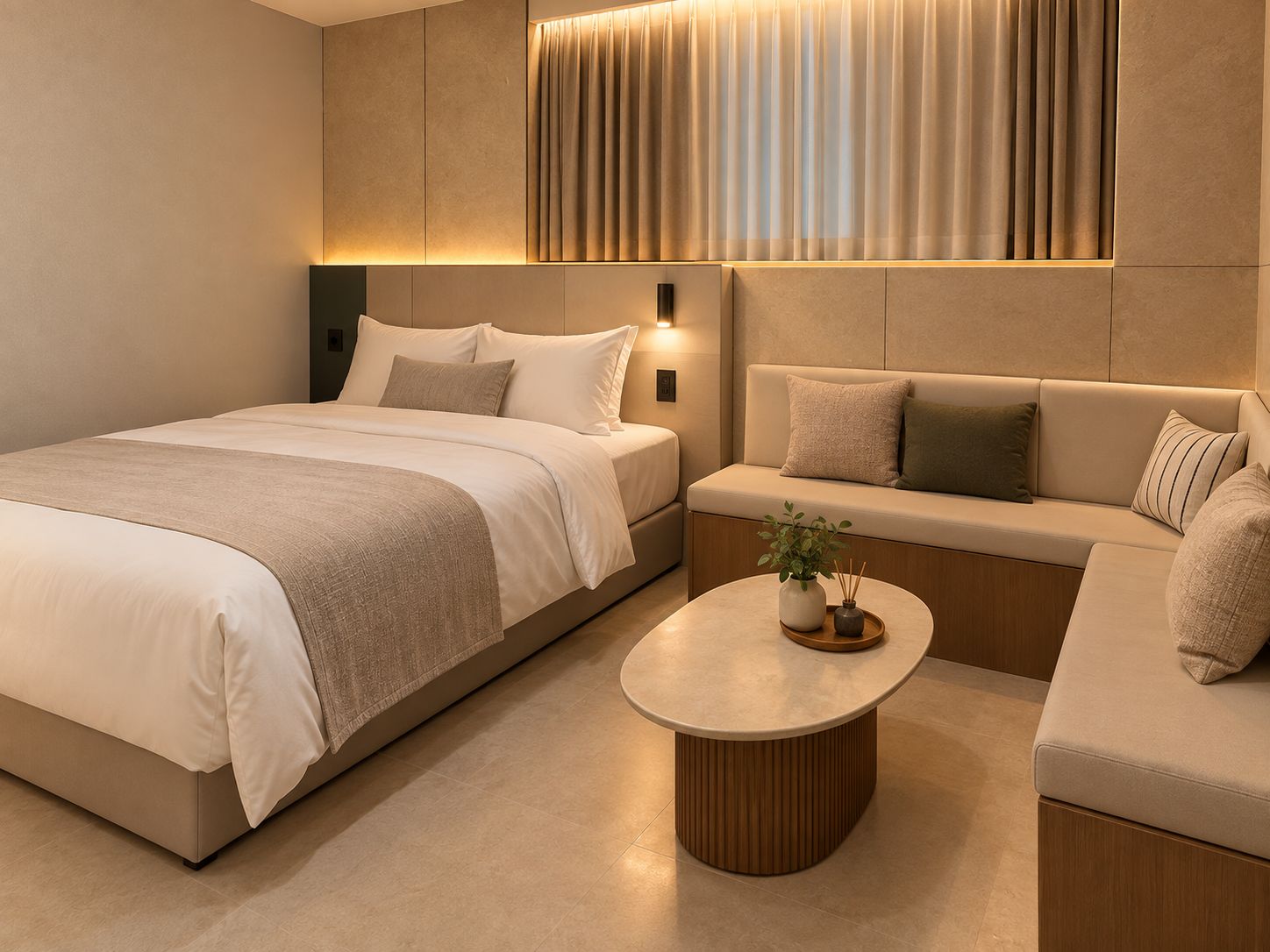 Un dormitorio moderno con una cama grande, un sofá y una mesa de centro.