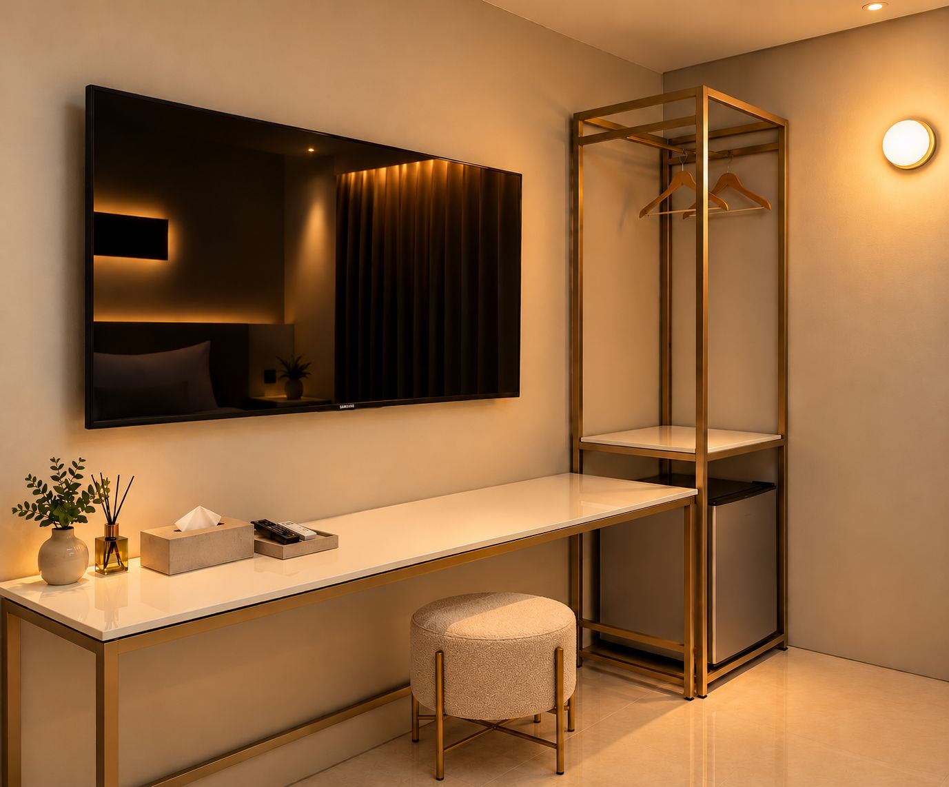 A modern bathroom with a vanity, mirror, towel rack, and a small stool.