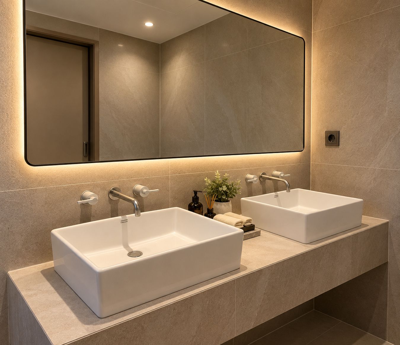 Un baño con dos lavamanos blancos, un espejo grande y una planta pequeña en la encimera.