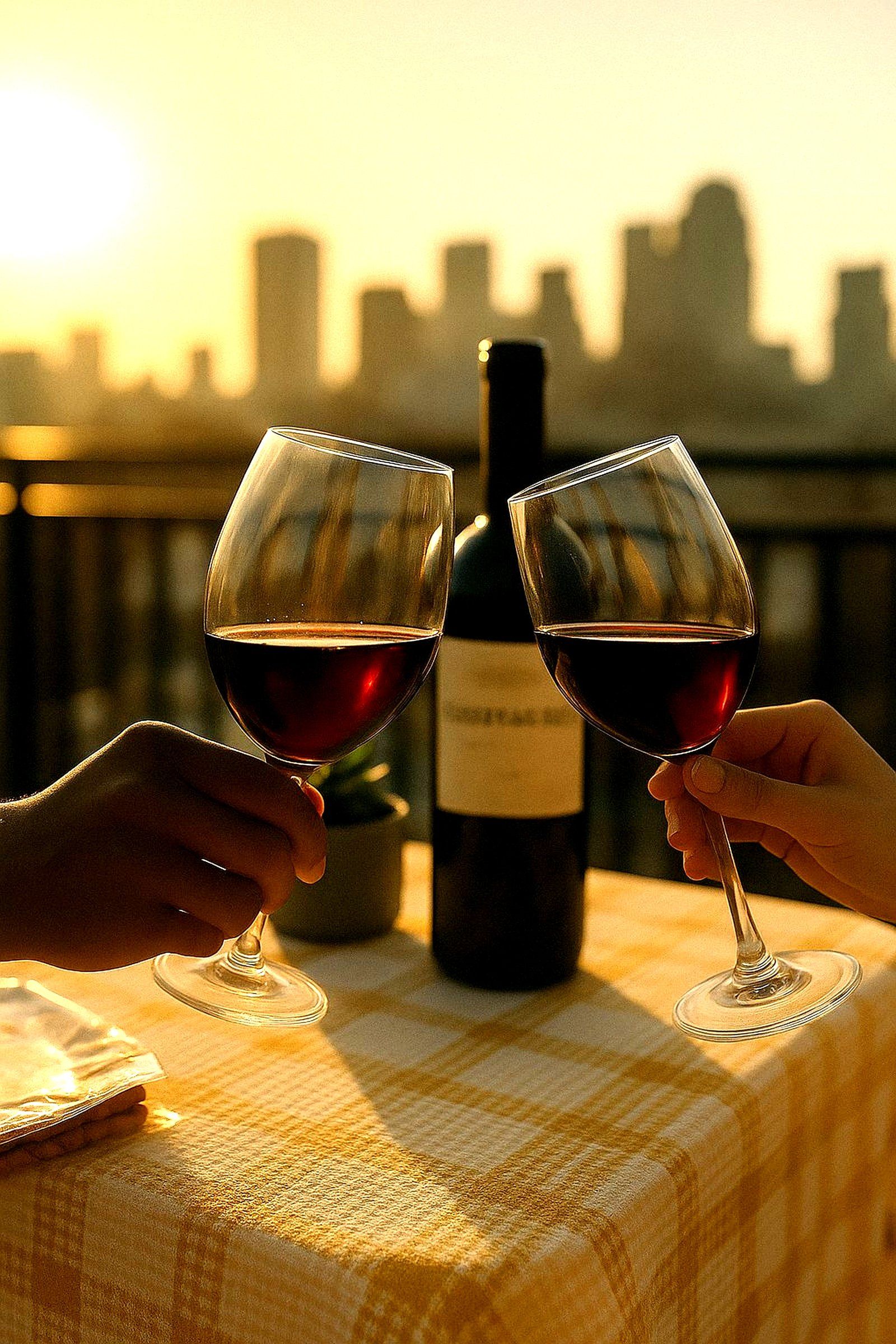 Two wine glasses on a table with a bottle of wine and a city skyline in the background.