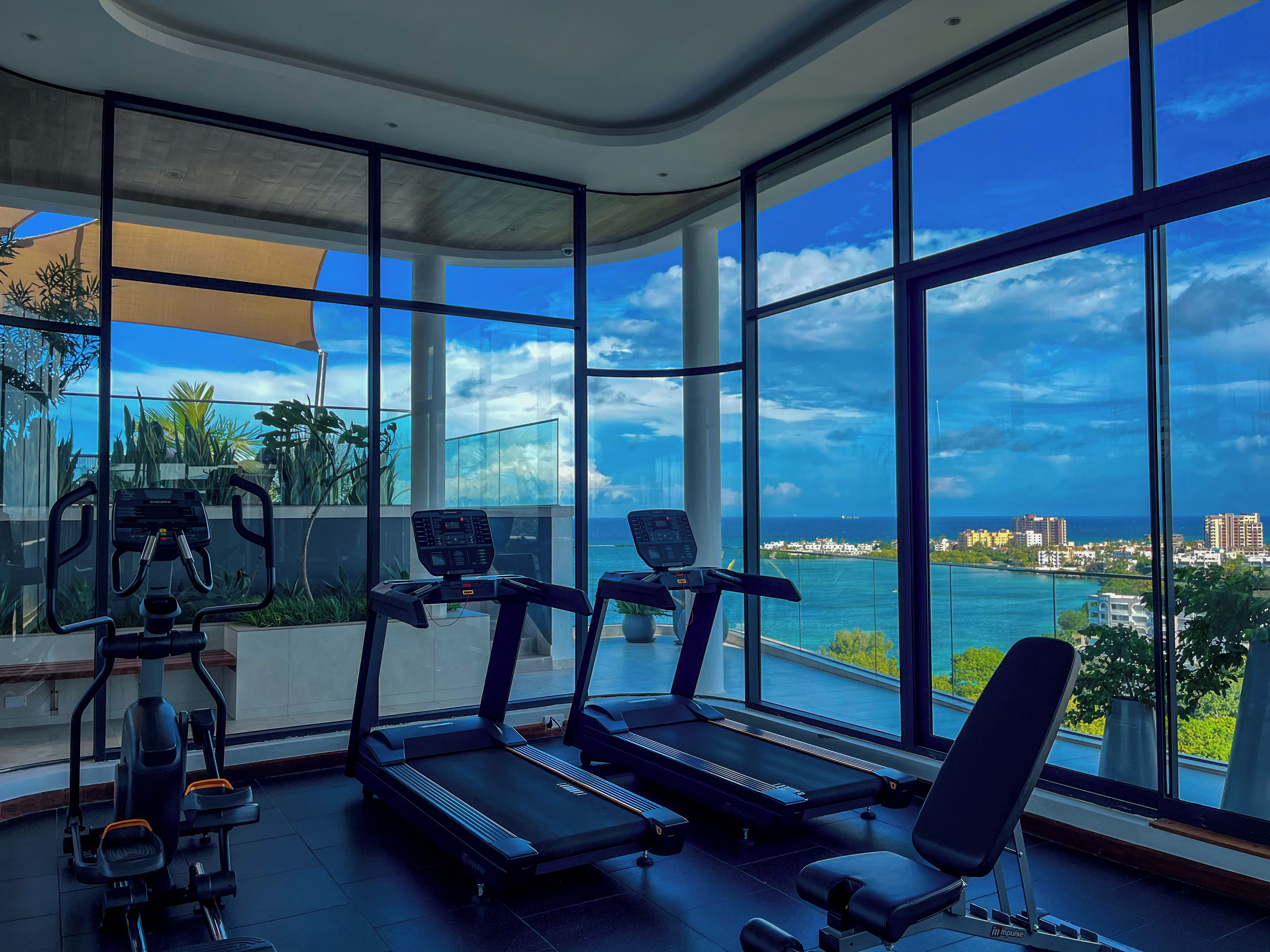 A gym with treadmills and exercise equipment, large windows, and a view of a coastal city.