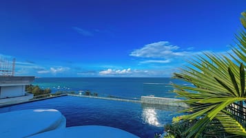 A clear view of a swimming pool with a view of the ocean and a palm tree in the foreground.