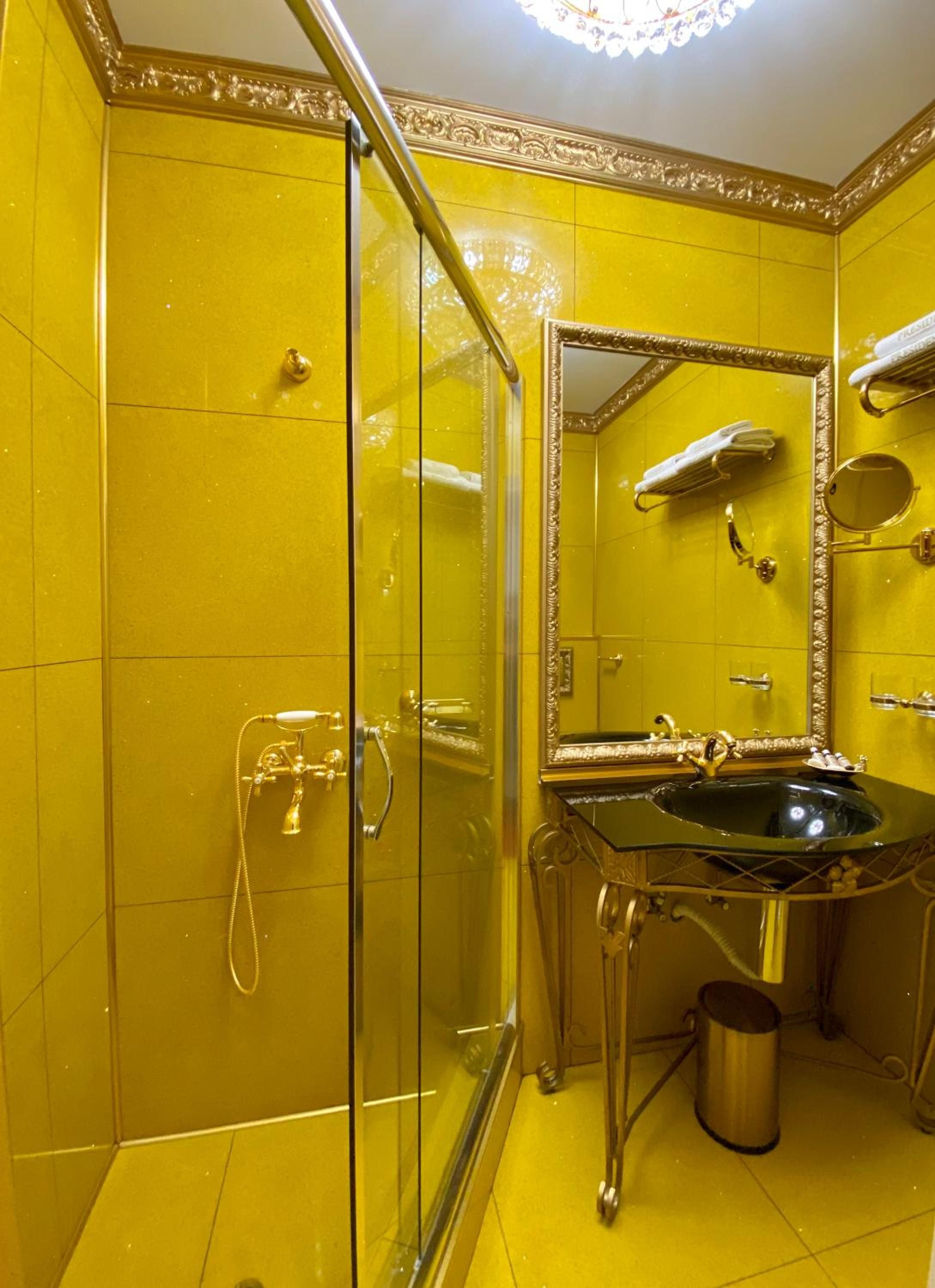 A bathroom with a glass shower enclosure, a sink with a gold faucet, and a mirror with a gold frame.