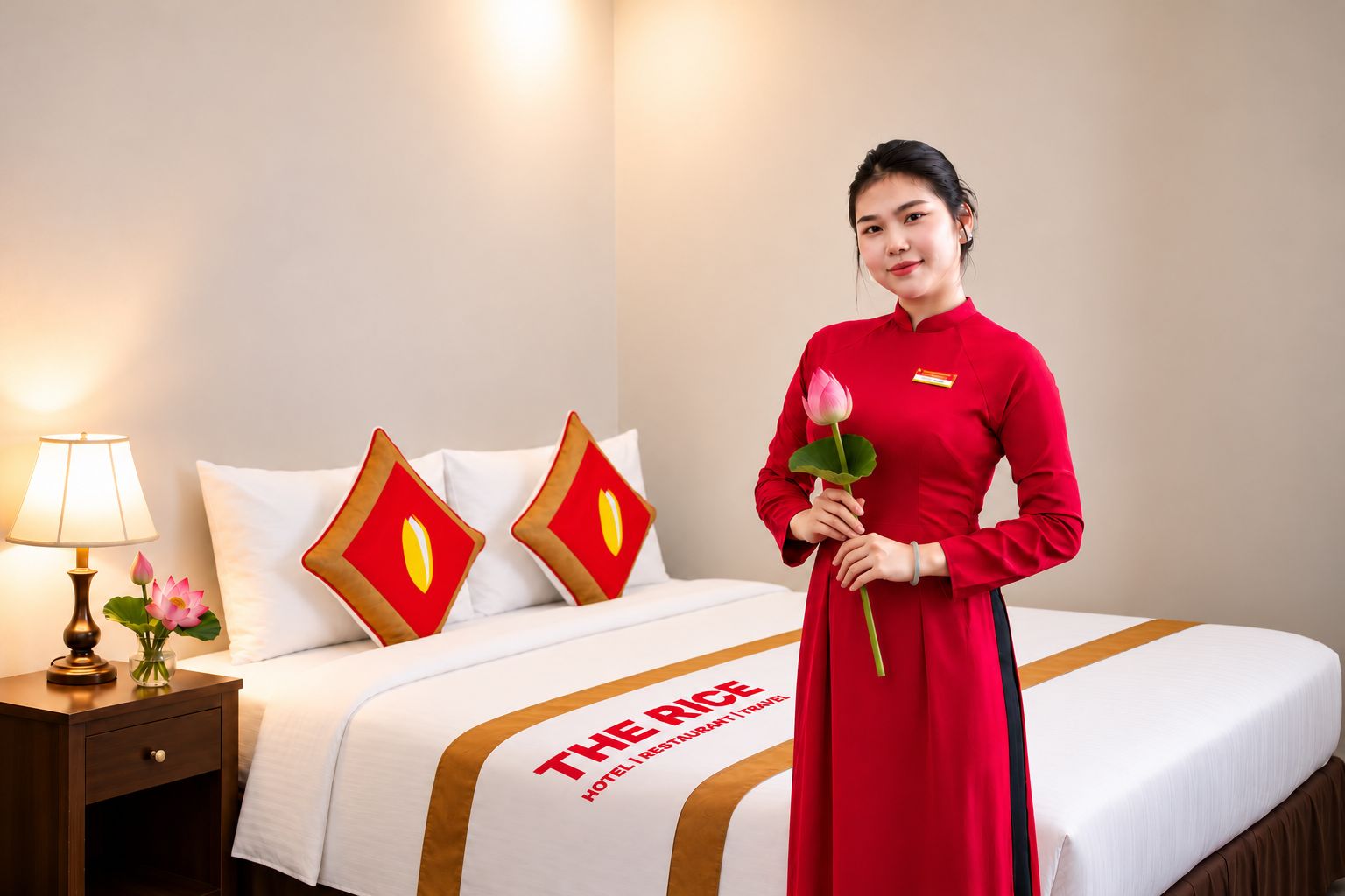 A hotel room with a bed, pillows, a nightstand, a lamp, and a person holding a flower.