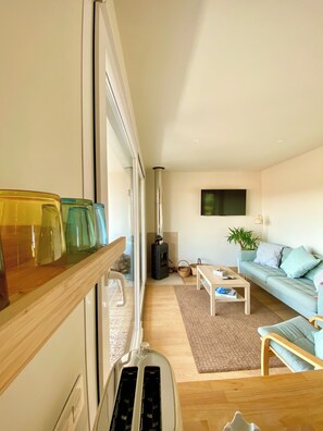 Ein modernes Wohnzimmer mit einer Couch, einem Couchtisch, einem an der Wand befestigten Fernseher und einem Kaminofen.