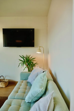 Ein Wohnzimmer mit einer Couch, einem an der Wand befestigten Fernseher, einer Stehlampe und einem Blumentopf.
