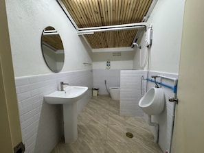 Une petite salle de bain propre, équipée d’un lavabo, de toilettes, d’un urinoir et d’un miroir.