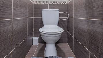 A bathroom with a toilet, a small trash bin, a towel rack, and a patterned rug on the floor.