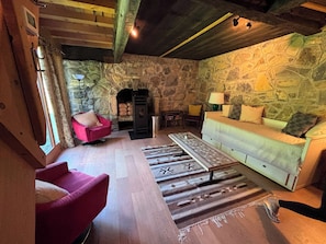 A cozy living room with a stone wall, a red armchair, a green sofa, and a patterned rug. - Authentic chalet for mountain lovers - near to Portes du Soleil skiing area (Val-d'Illiez)