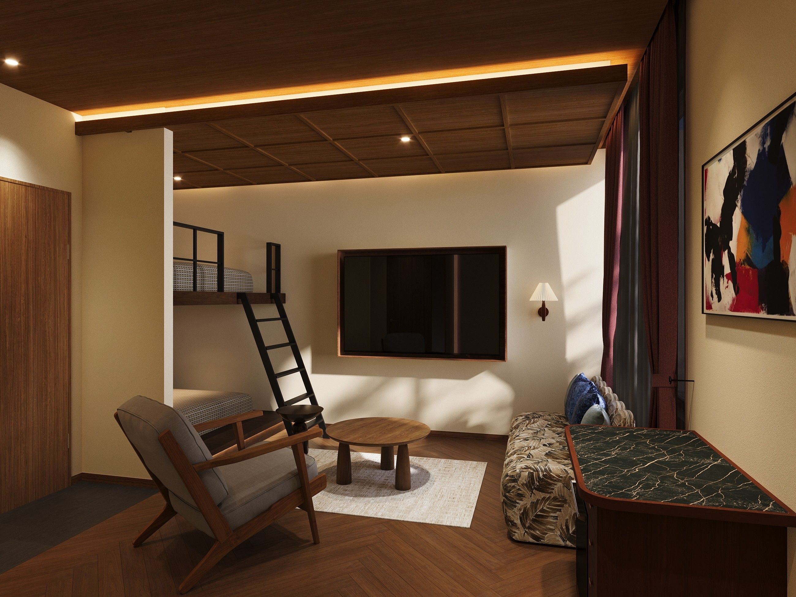 A modern living room with a wooden ceiling, a sofa, a coffee table, a TV mounted on the wall, and a painting.