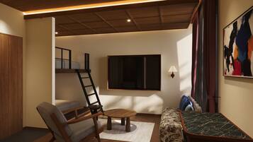 A modern living room with a wooden ceiling, a sofa, a coffee table, a TV mounted on the wall, and a painting.