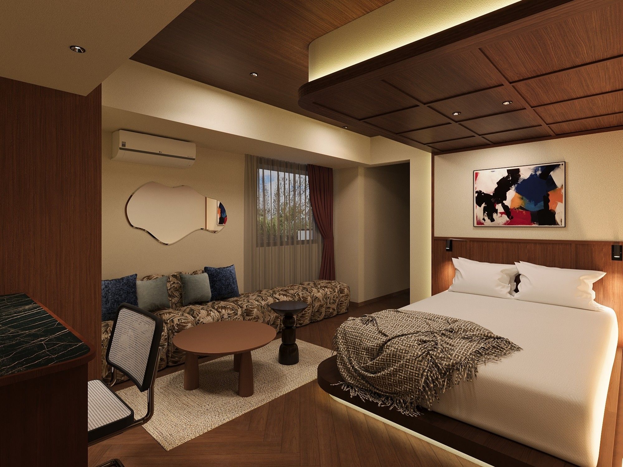 A modern hotel room with a bed, sofa, and a dining area.