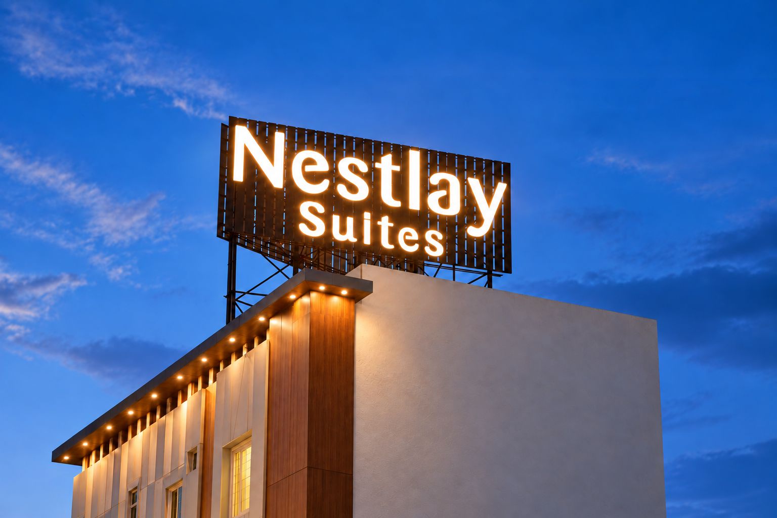 A building with a large illuminated sign reading 'Nestlay Suites' against a twilight sky.