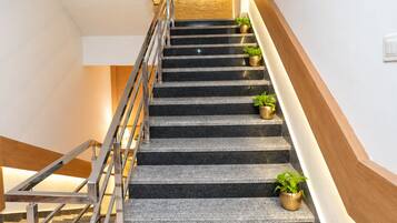 Una escalera moderna con barandilla metálica, escalones negros y plantas en el descansillo.