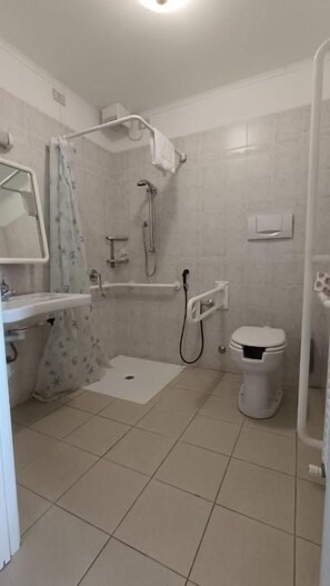 Une salle de bain avec douche, toilettes et lavabo.