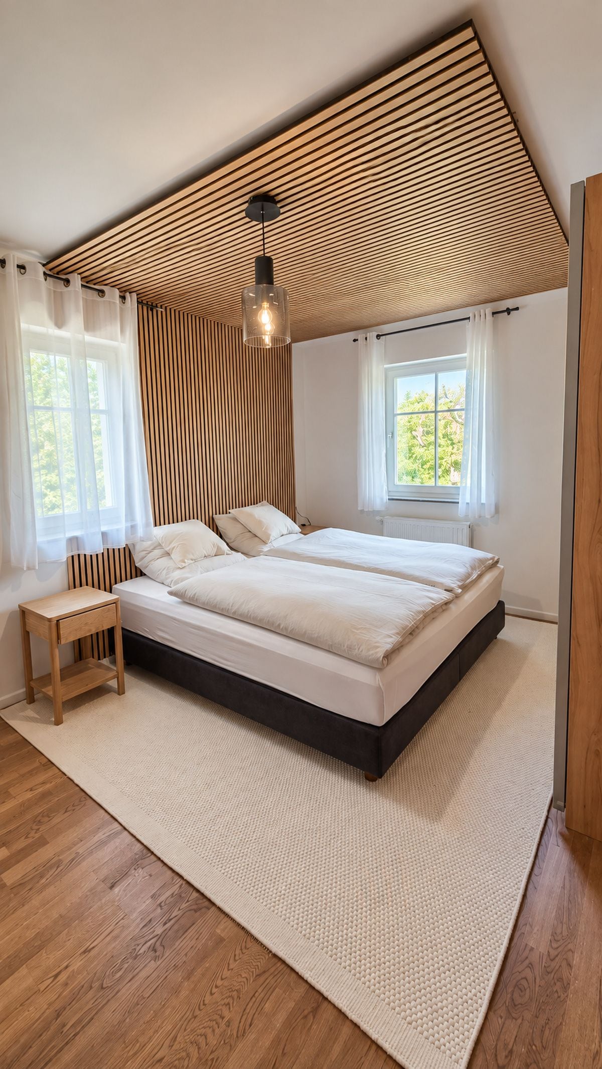 Un dormitorio con techo inclinado, una cama, una mesita de noche y dos ventanas.