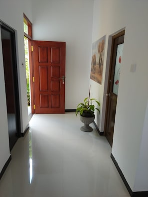 Um corredor com porta de madeira, planta em vaso e quadro na parede.