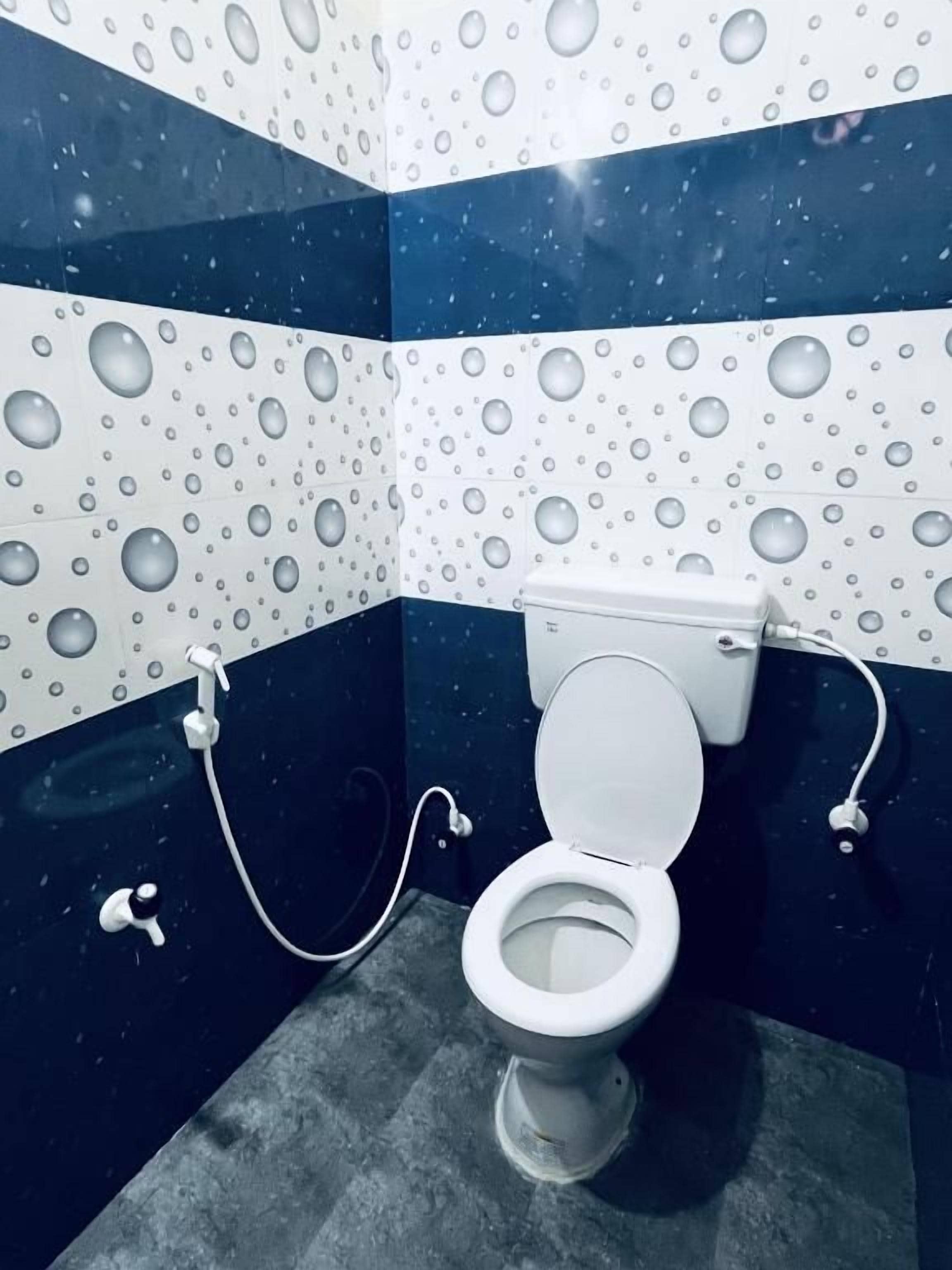 A bathroom with a toilet, a bidet, and a wall with a water droplet pattern.