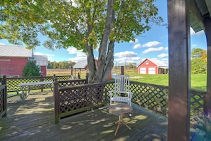 A wooden deck with a table and chairs, a red barn, and a fenced area with trees.