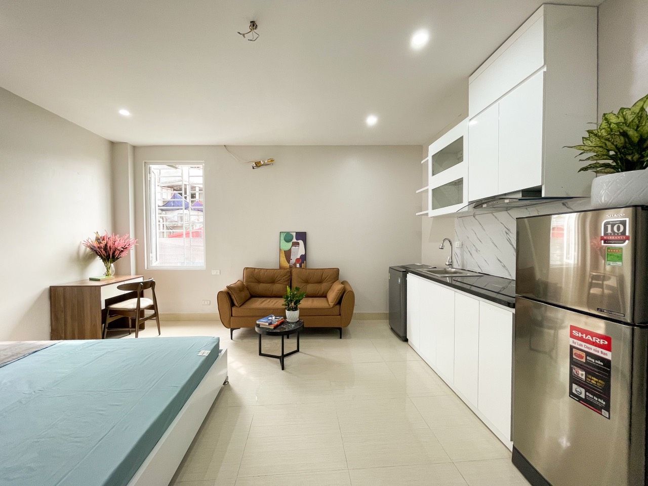A compact living space with a kitchenette, a sofa, a small table with a plant, and a bed.
