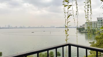 A view of a river with a city skyline in the background, a balcony railing, and hanging plants.