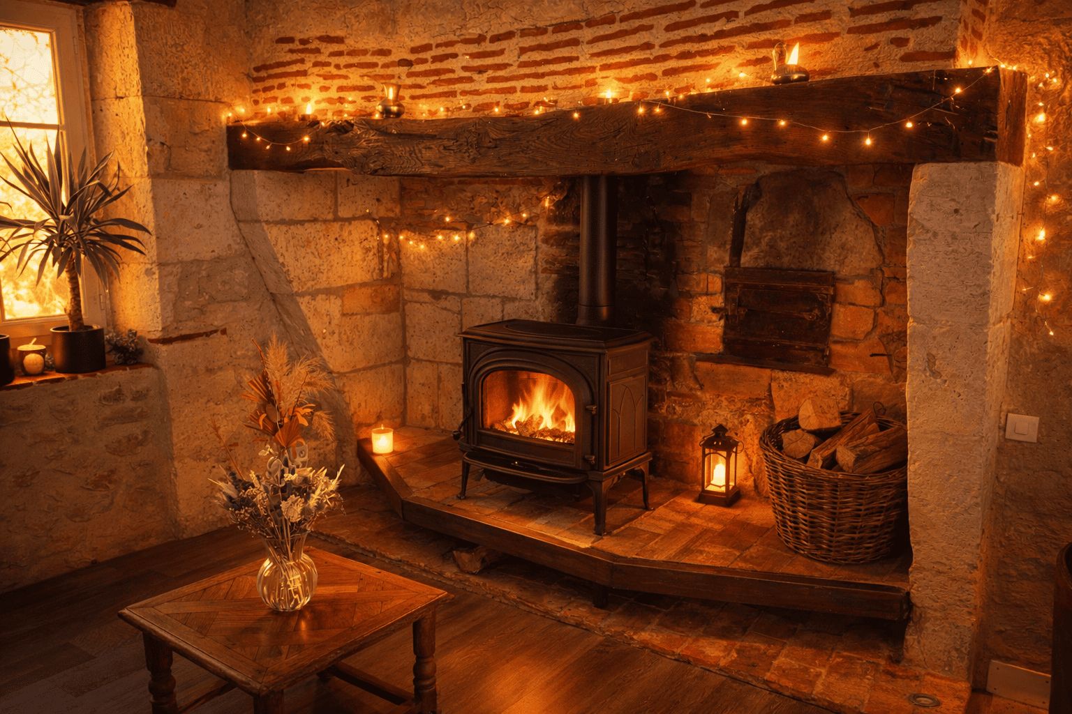 A cozy room with a stone fireplace, a wooden table with a vase, and a basket of firewood.