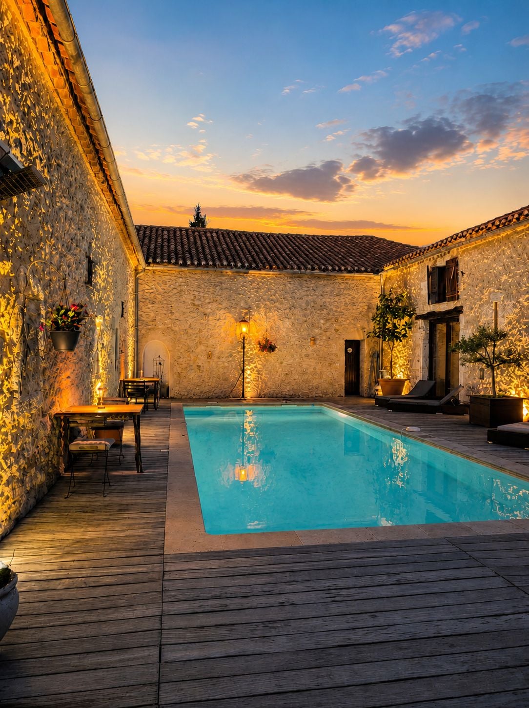 A swimming pool with a wooden deck, stone walls, and outdoor seating.