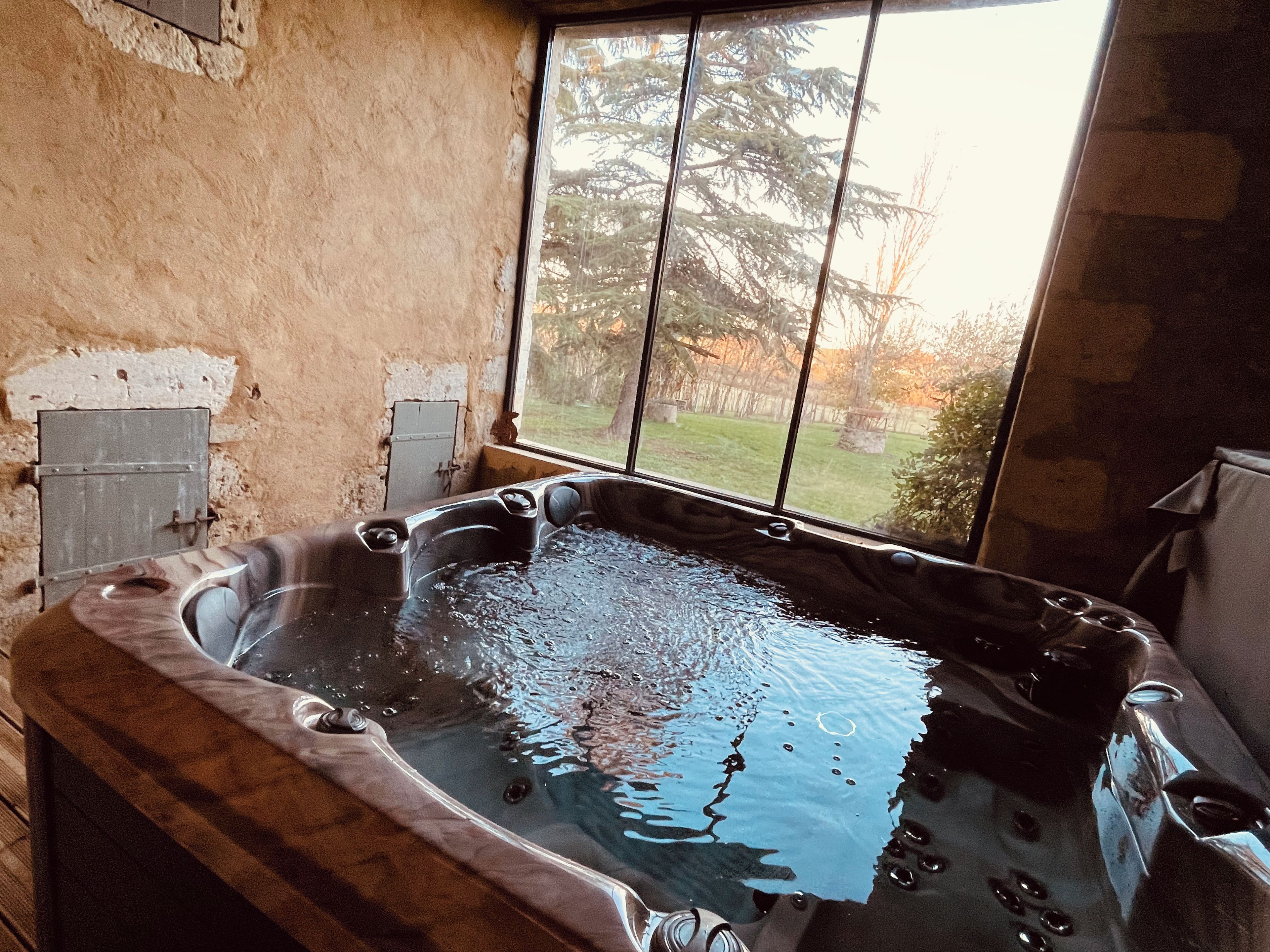 A hot tub with a view of trees and a grassy yard through a window.