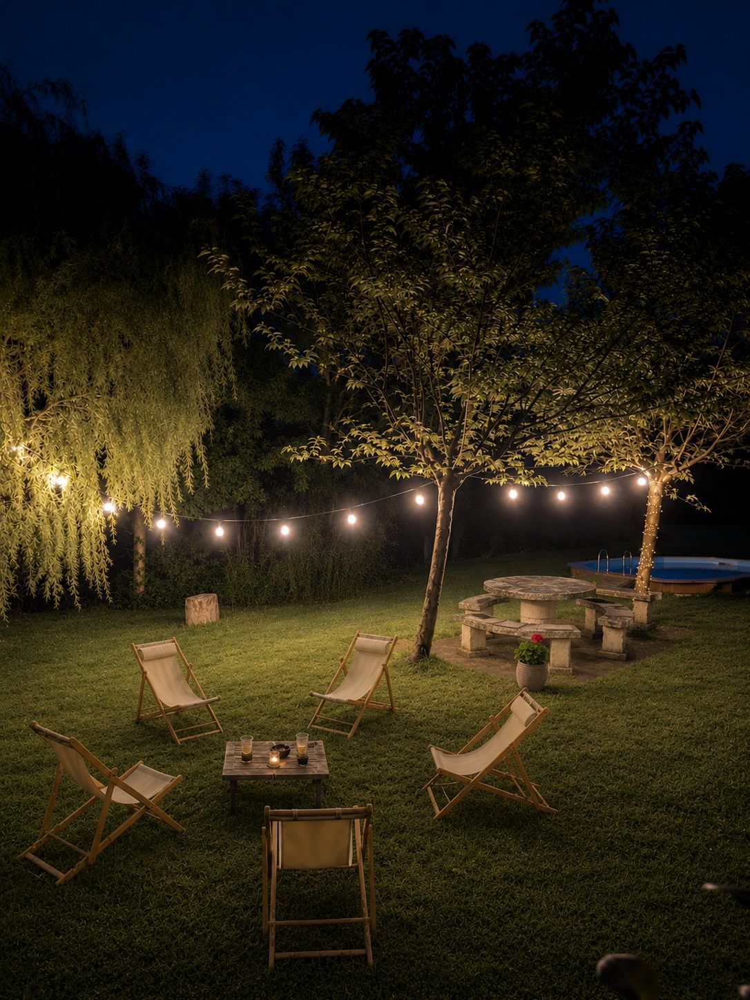 An outdoor seating area with chairs and tables, string lights, and a tree.