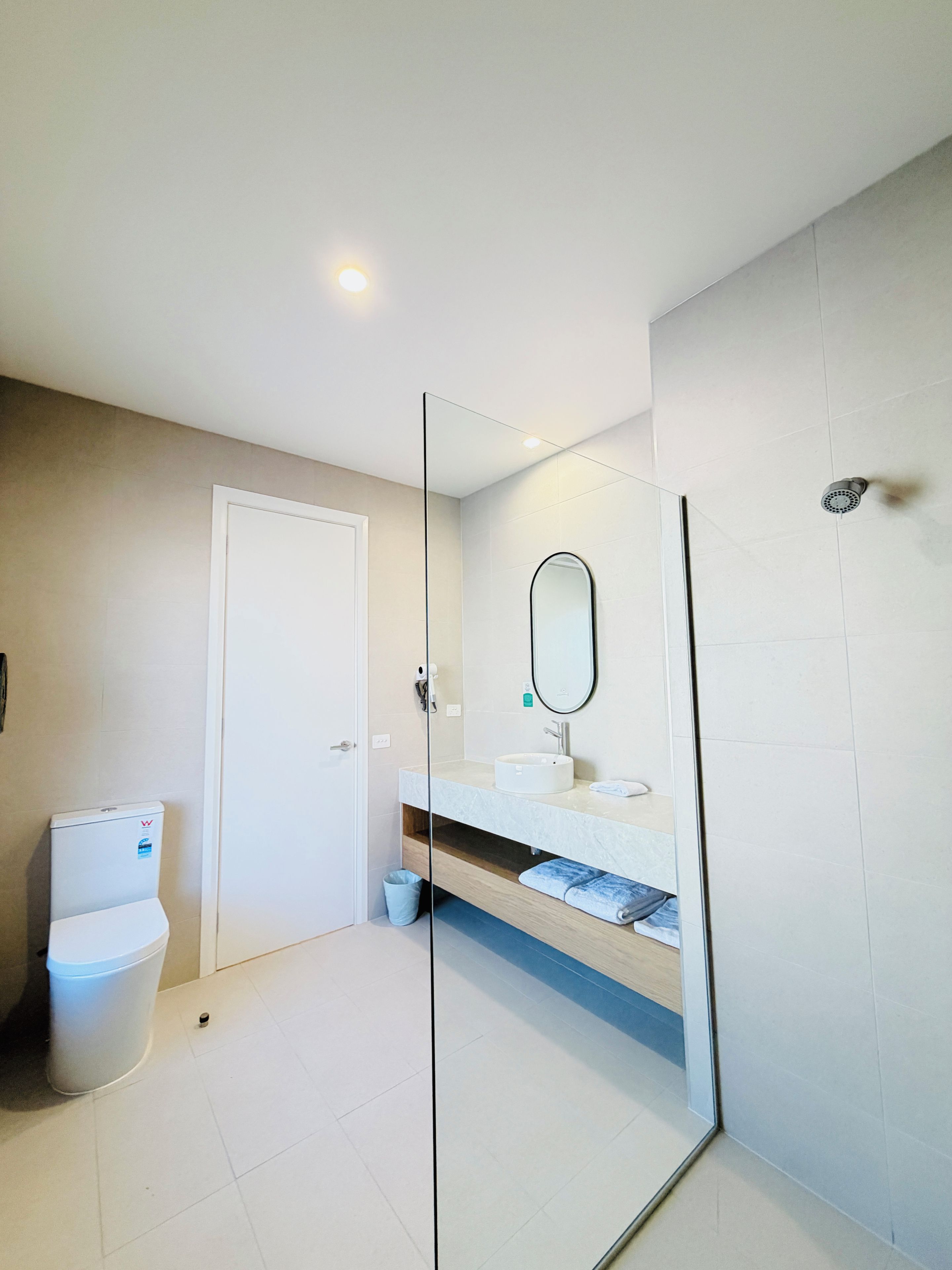 A modern bathroom with a glass shower enclosure, a toilet, and a sink with a mirror.