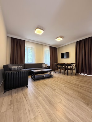 A modern living room with a sofa, coffee table, dining table, and chairs.