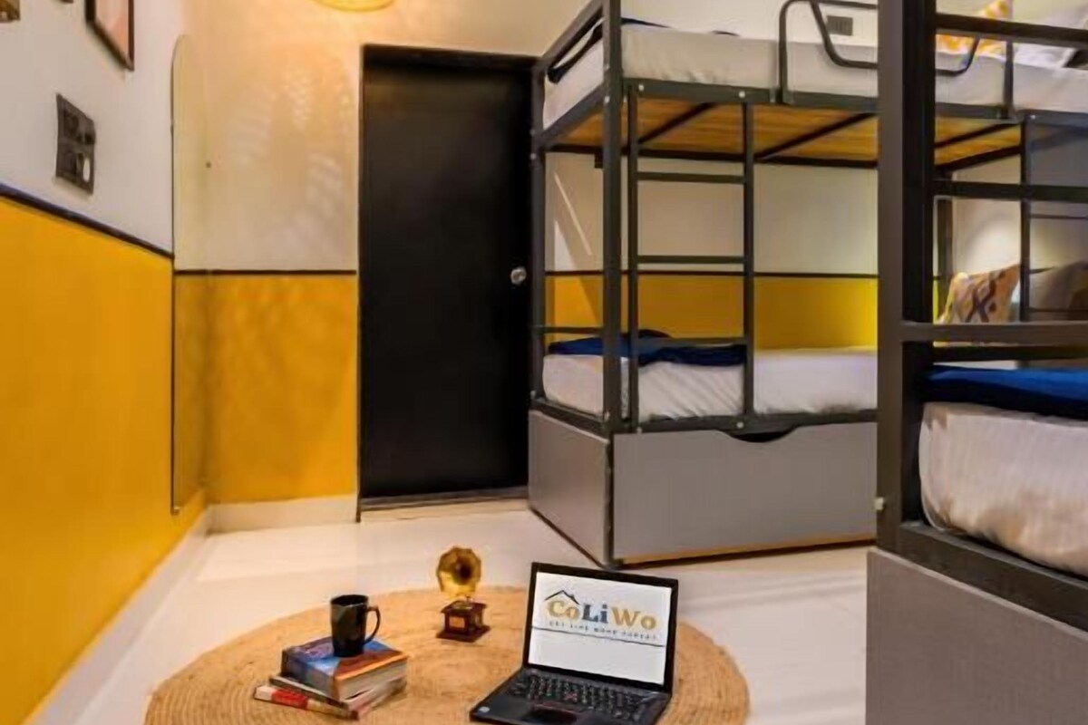 A room with bunk beds, a laptop, and a round rug.