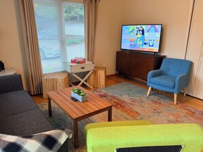Un salon comprenant un canapé, une table basse avec une plante, un fauteuil bleu, un téléviseur et un meuble.