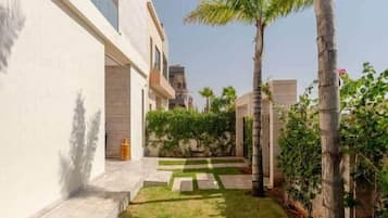 A modern building with a courtyard, palm trees, and a clear sky.