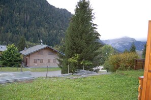 A wooden cabin with a metal roof, surrounded by a grassy area and a tall evergreen tree. - Renovated one-bedroom apartment on the first floor with private parking, 5 minutes from downtown (Châtel)