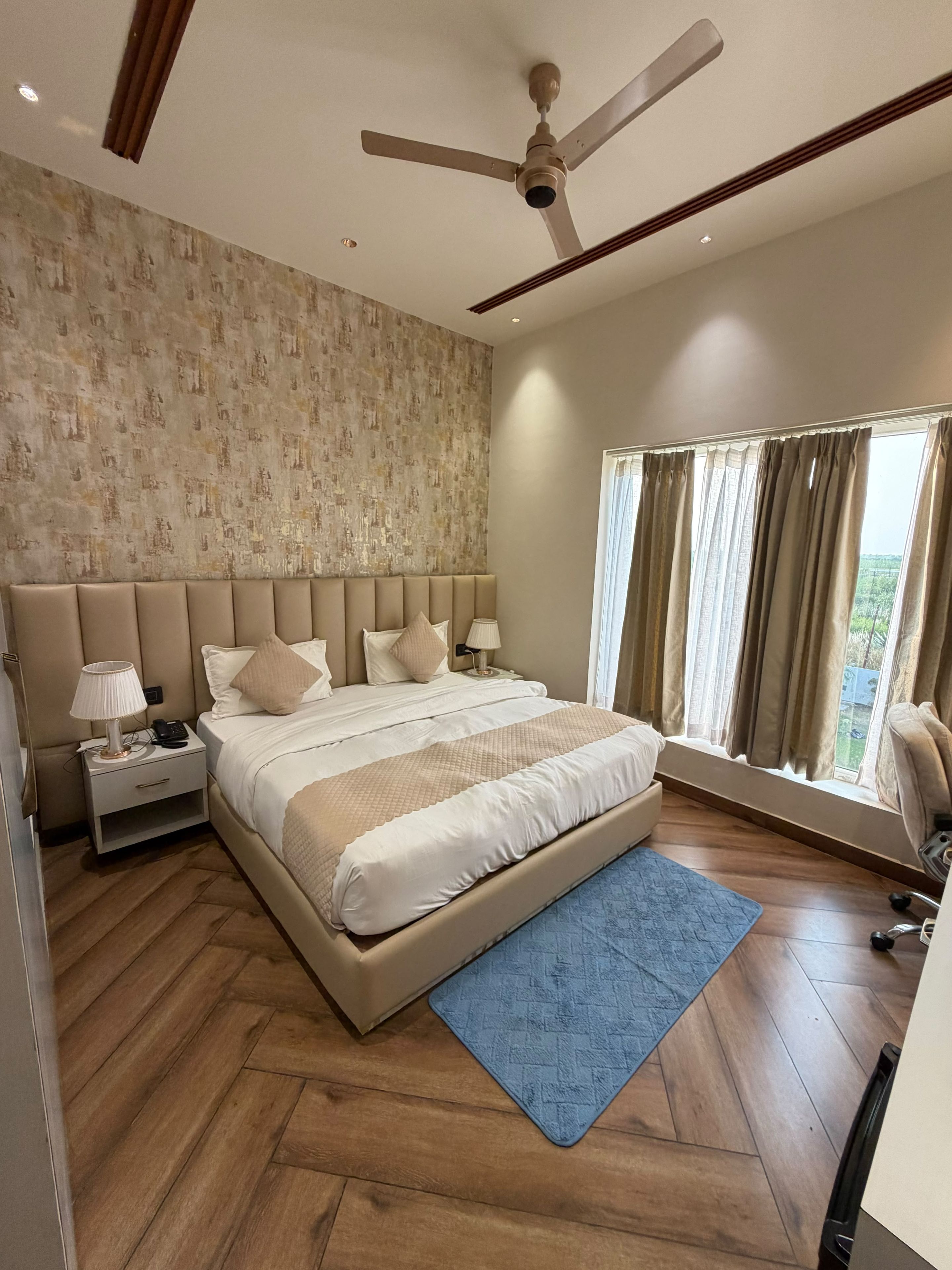 A bedroom with a large bed, a ceiling fan, a nightstand, a lamp, a window with curtains, and a blue rug.