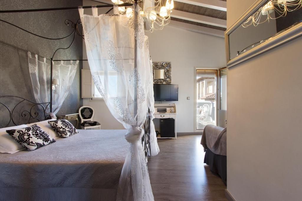 A bedroom with a canopy bed, a television, a desk, and a chair.