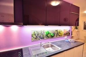 Una cucina moderna con mobili scuri, un lavello in acciaio inossidabile e uno schienale decorato con immagini di erbe e piante.