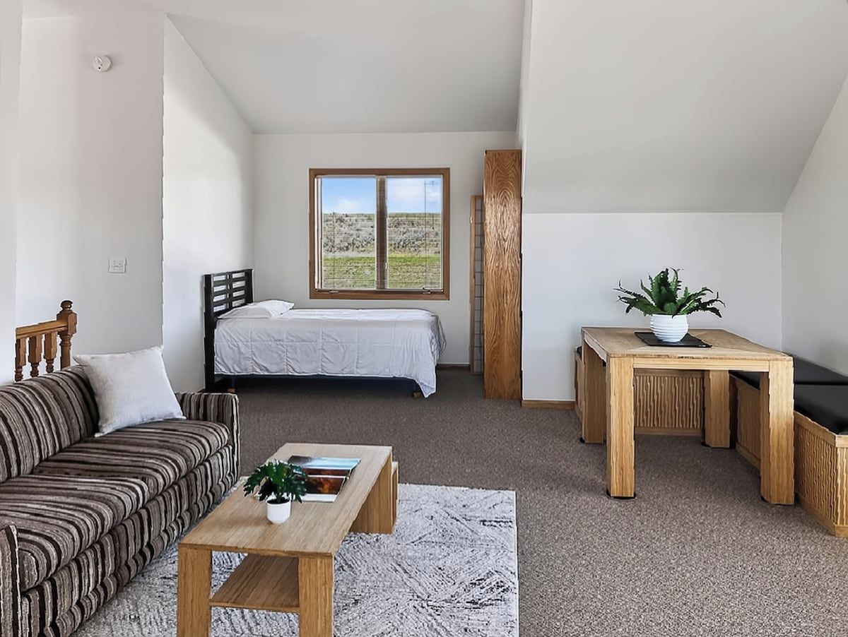 A bedroom with a bed, a window with a view of a field, a wooden headboard, and a bedside table with a plant.