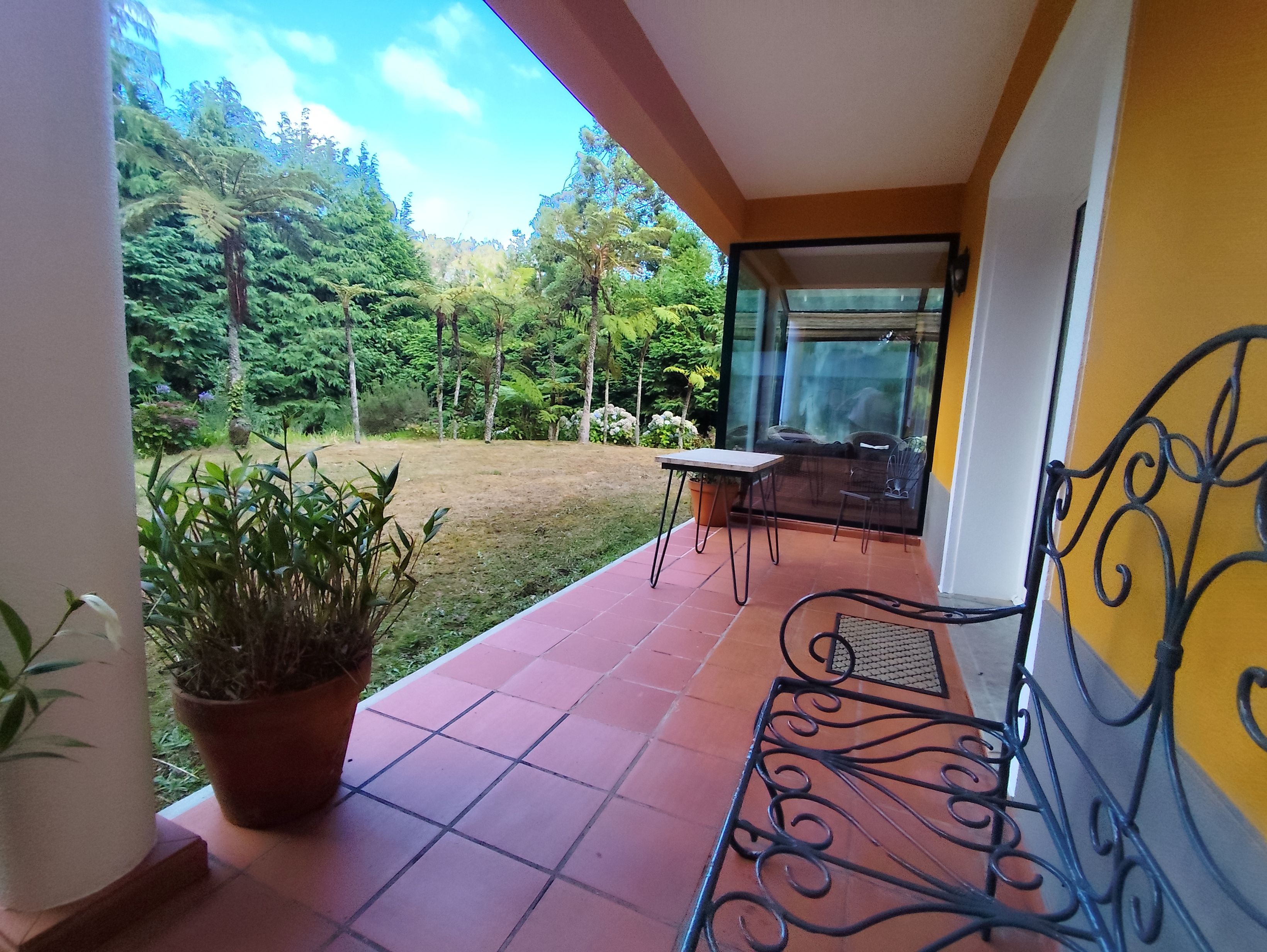 A balcony with a table and chairs, a potted plant, and a view of a garden.