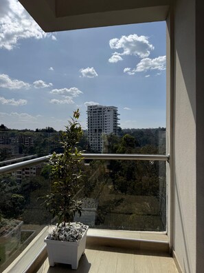 A balcony with a potted plant, a clear view of a tall building, and a distant landscape. - 2-Bedroom Westlands Two Balconies Next To Foodplus And Artcaffe Rhapta Road (Nairobi)